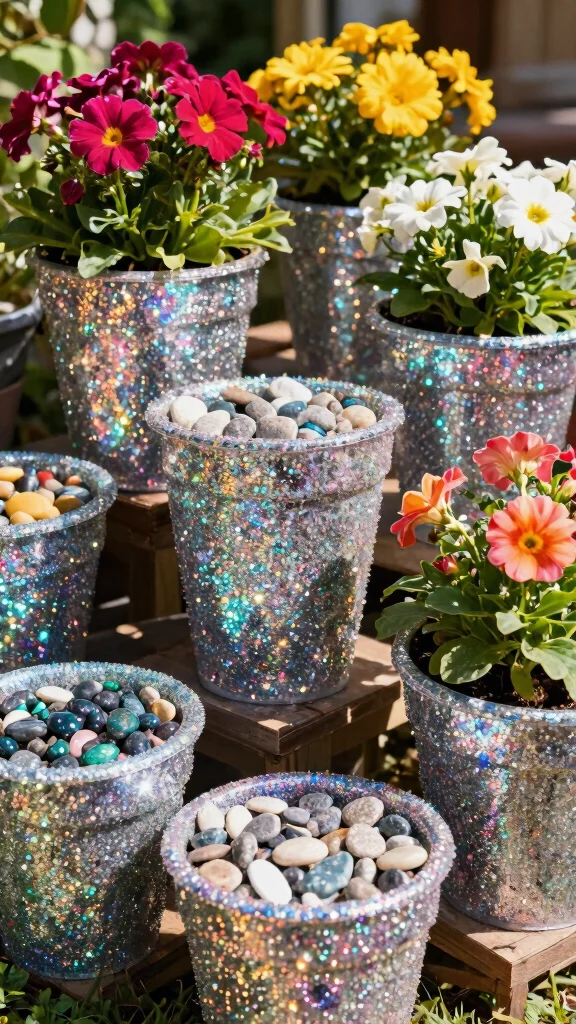 12 Decorated Flower Pots Ideas for Festive Flair - 11. Glitter Glam Pots 1
