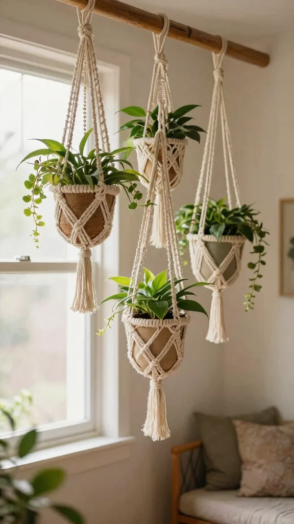 12 Decorated Flower Pots Ideas for Festive Flair - 3. DIY Macrame Hanging Pots 1