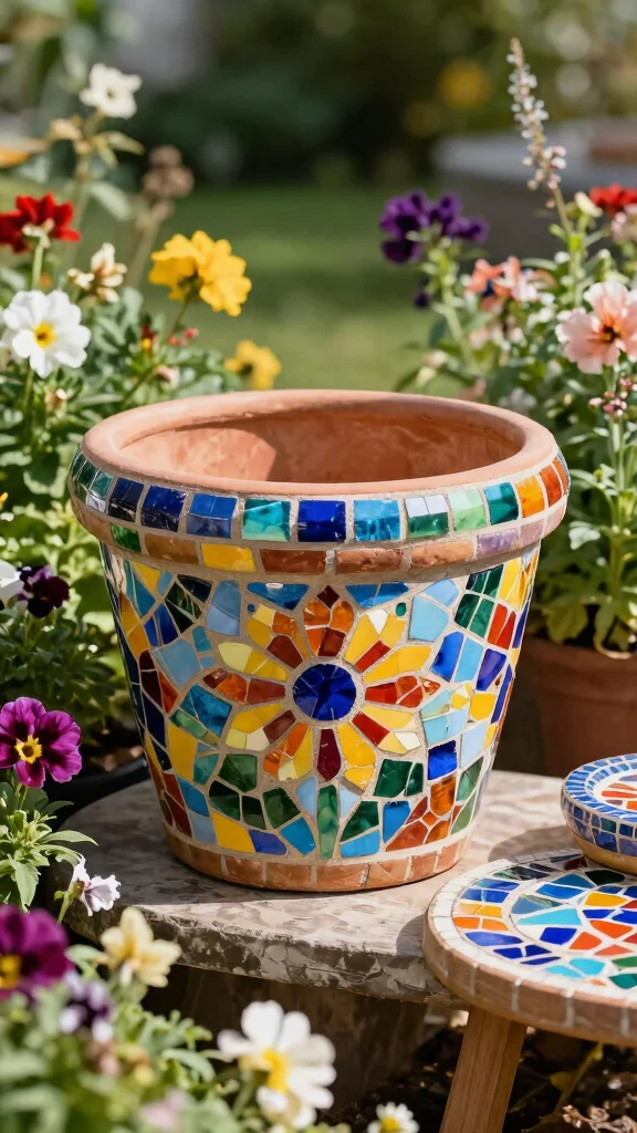 12 Decorated Flower Pots Ideas for Festive Flair - 5. Mosaic Pot Art 1