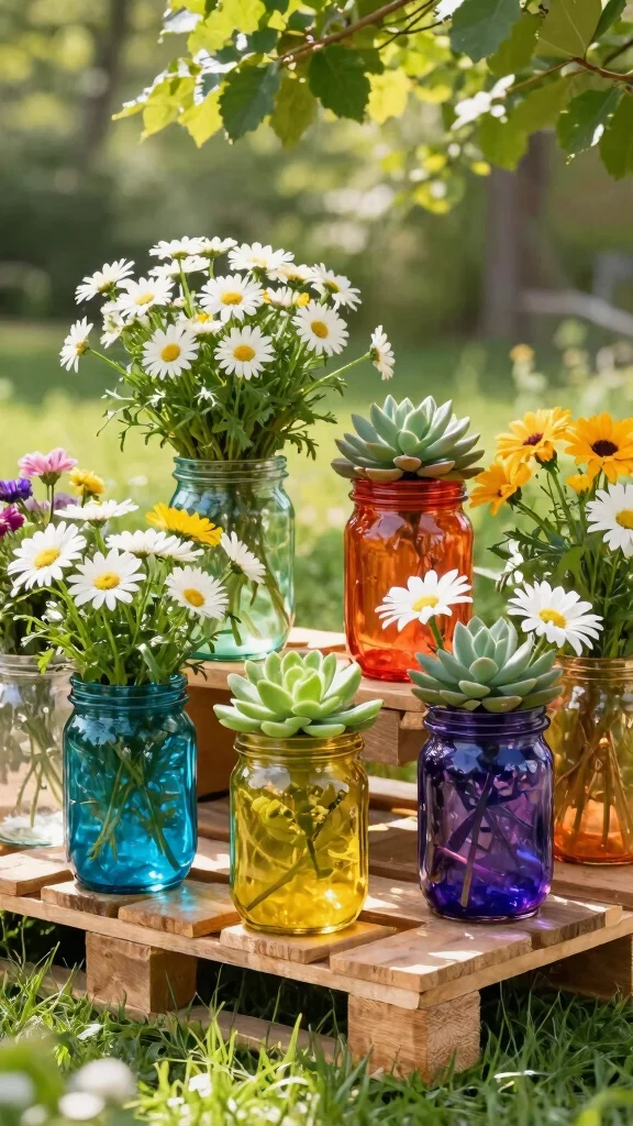 12 Flower Pots Outdoor Ideas for Vibrant Gardens - 1. Recycled Glass Jars as Flower Pots 1