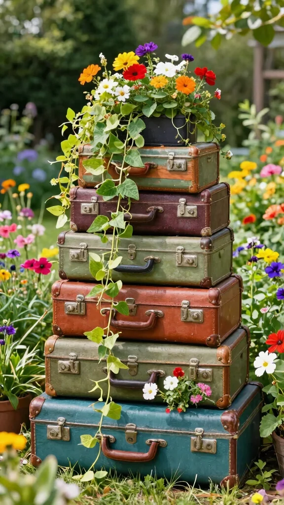 12 Flower Pots Outdoor Ideas for Vibrant Gardens - 10. Vintage Suitcases as Planters 1