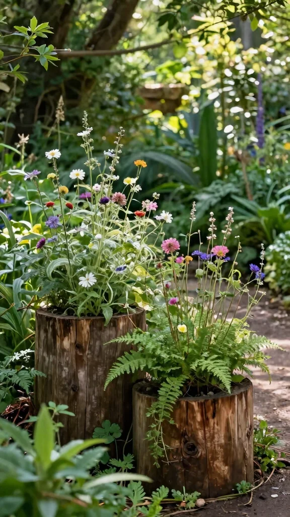 12 Flower Pots Outdoor Ideas for Vibrant Gardens - 11. Natural Wood Stump Planters 1