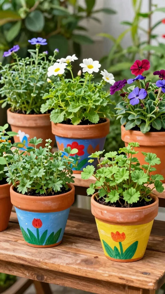 12 Flower Pots Outdoor Ideas for Vibrant Gardens - 2. Terracotta Pots with Biodegradable Paint 1