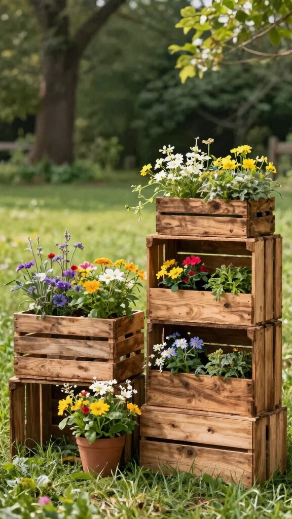 12 Flower Pots Outdoor Ideas for Vibrant Gardens - 3. Upcycled Wooden Crates 1
