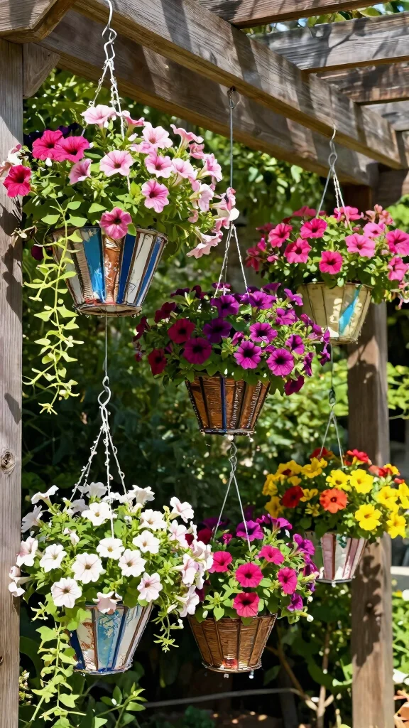 12 Flower Pots Outdoor Ideas for Vibrant Gardens - 4. Hanging Flower Baskets from Recycled Materials 1