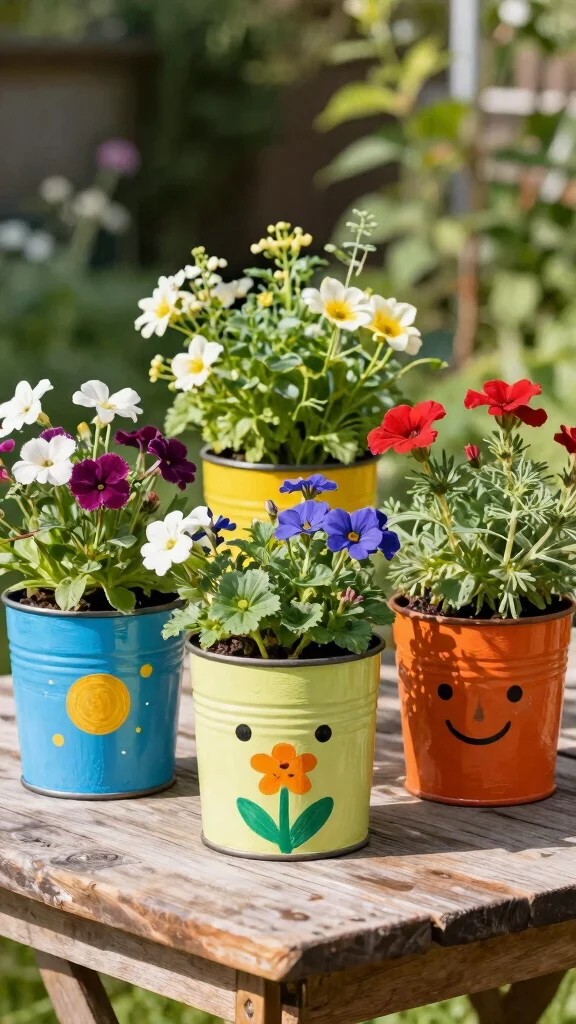 12 Flower Pots Outdoor Ideas for Vibrant Gardens - 5. Painting Old Cans for Rustic Charm 1