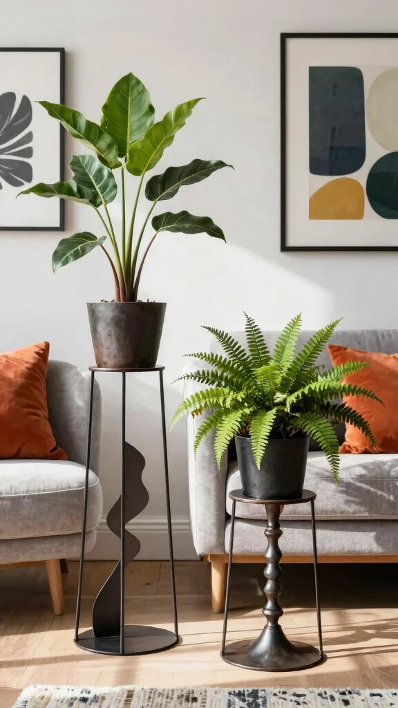 12 Iron Plant Stand Ideas Ornate Details - 8. Art-Inspired Plant Stands 1