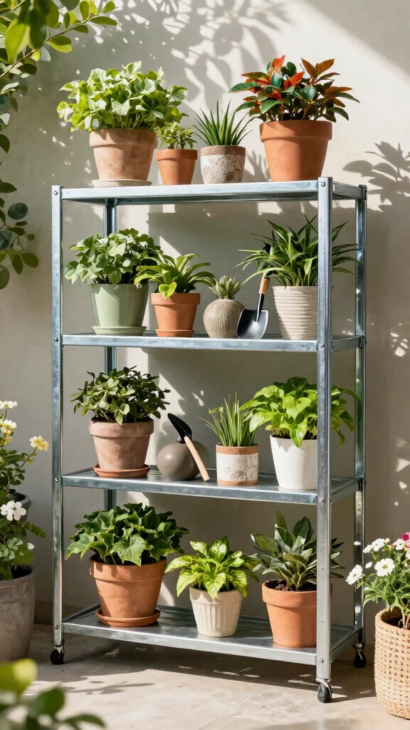 12 Metal Patio Furniture Ideas: Rustic Modern - 11. Functional Metal Shelving Units 1