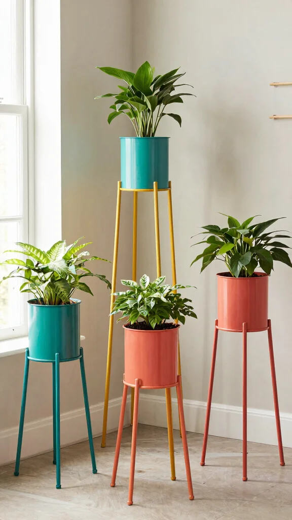 12 Metal Plant Stand Ideas: Sturdy Modern - 6. Colorful Coated Stands 1