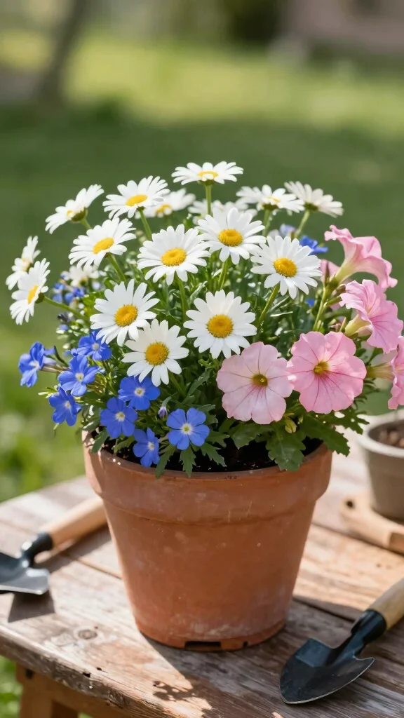 12 Mixed Flower Pots Ideas: Colorful Mix - 1. Cheery Daisy Delight 1