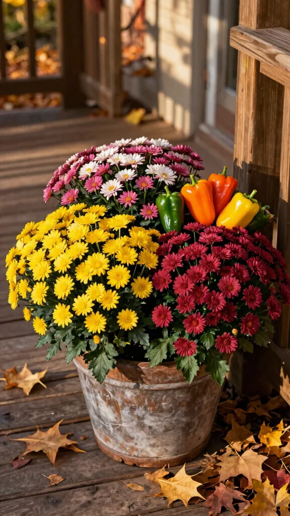 12 Mixed Flower Pots Ideas: Colorful Mix - 11. Rustic Fall Harvest 1