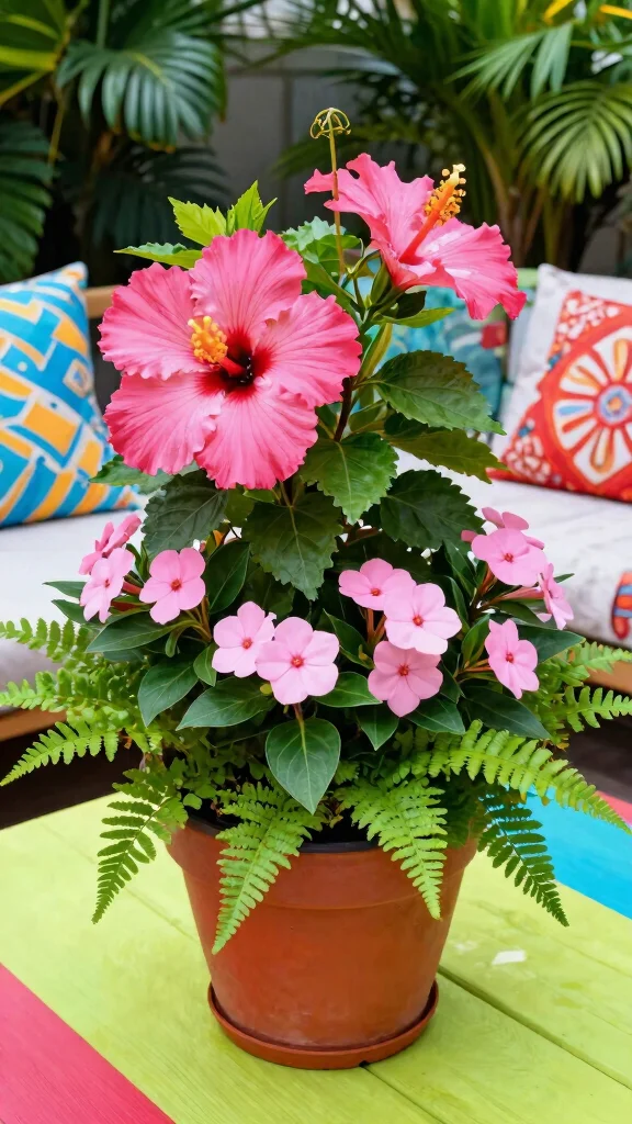 12 Mixed Flower Pots Ideas: Colorful Mix - 3. Bold Tropical Fiesta 1