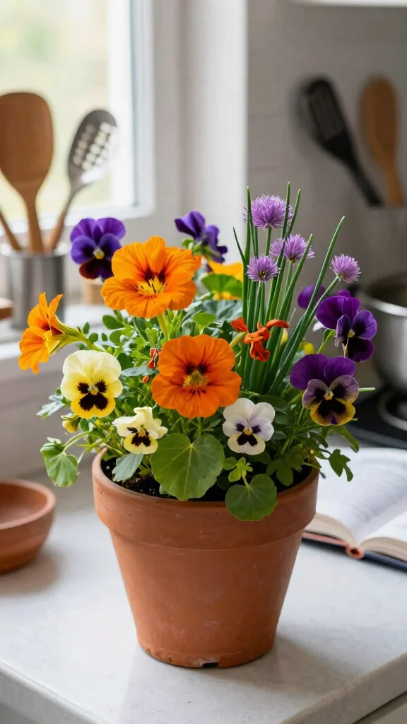 12 Mixed Flower Pots Ideas: Colorful Mix - 8. Edible Flower Pot Mix 1