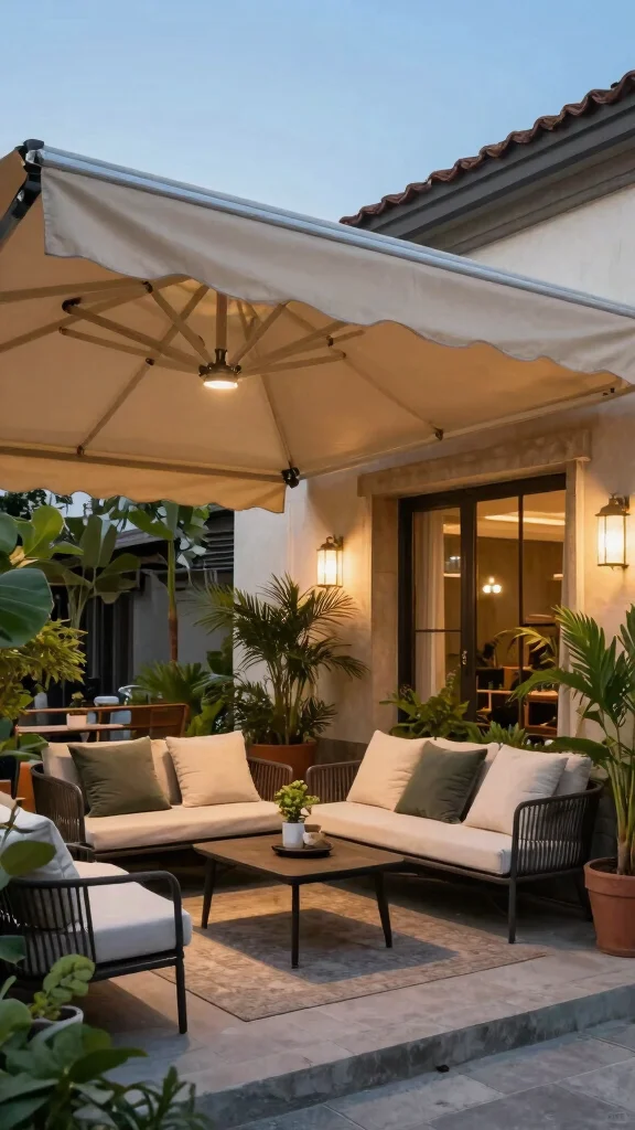 12 Outdoor Patio Furniture Ideas for Small Spaces - 11. Retractable Awning with Furniture 1
