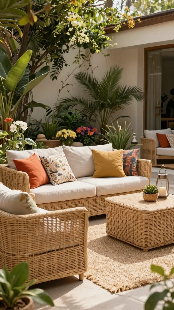 12 Patio Furniture Ideas for Stylish Outdoor Living - 4. Fabric-Covered Furniture with Natural Fibers 1