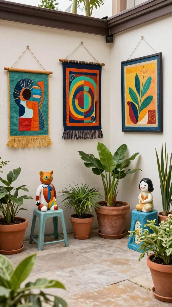 12 Patio Layout Ideas for Urban Gardening - 8. Outdoor Art Displays 1