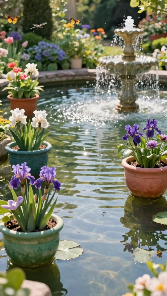 12 Pots in Flower Beds Landscaping Ideas - 10. Water Feature and Pots Combo 1