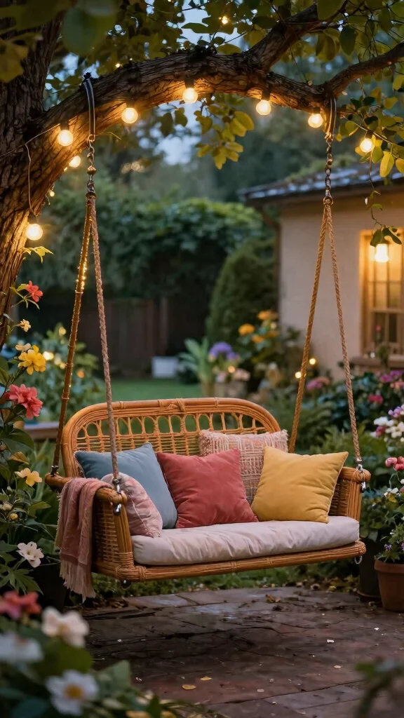12 Retro Patio Furniture Ideas for Nostalgic Charm - 8. Vintage Rattan Swing Chairs 1