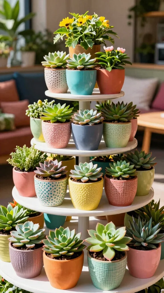 12 Tiered Plant Stand Ideas for Layered Beauty - 11. Colorful Pot Displays 1