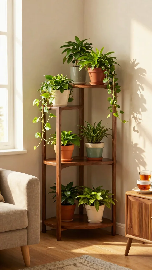 12 Tiered Plant Stand Ideas for Layered Beauty - 4. Decorative Corner Units 1