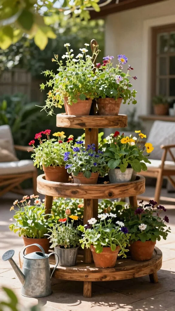 12 Tiered Plant Stand Ideas for Layered Beauty - 9. Garden-Themed Display for Outdoor Spaces 1