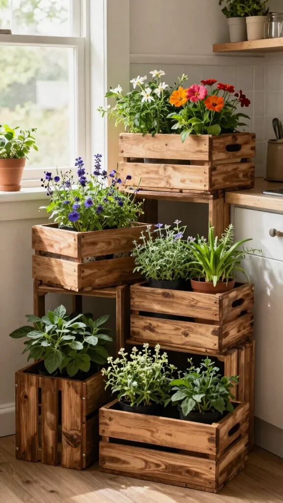 12 Window Plant Stand Ideas for Sunny Spots - 3. Repurposed Crates for Rustic Charm 1