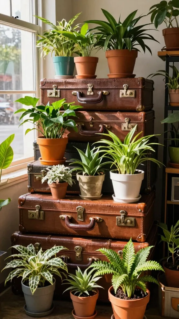 12 Window Plant Stand Ideas for Sunny Spots - 8. Vintage Suitcases as Unique Stands 1