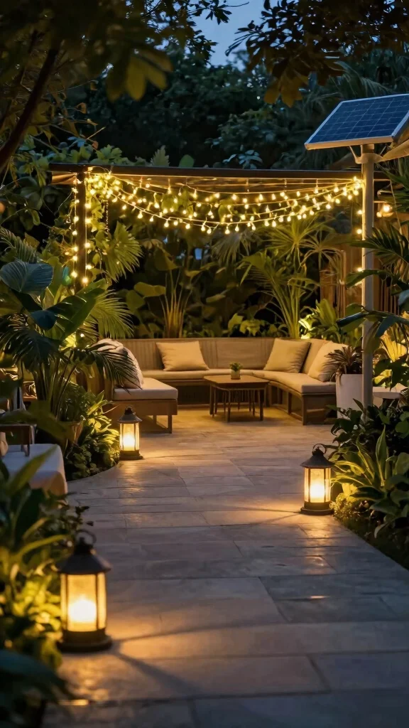 13 Backyard Patio Furniture Ideas for Entertaining - 10. Solar-Powered Accent Lighting 1
