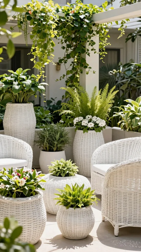 13 Elegant White Wicker Patio Furniture Ideas for Eco-Friendly Gardens - 11. Stylish Planters 1