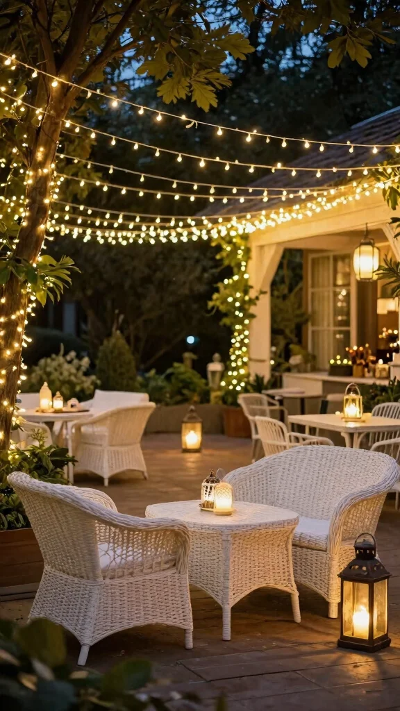 13 Elegant White Wicker Patio Furniture Ideas for Eco-Friendly Gardens - 12. Festive Outdoor Lighting 1