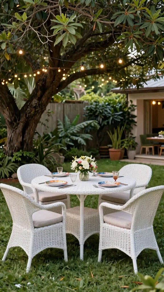 13 Elegant White Wicker Patio Furniture Ideas for Eco-Friendly Gardens - 2. Elegant Dining Set 1