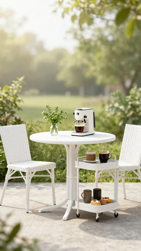 13 Elegant White Wicker Patio Furniture Ideas for Eco-Friendly Gardens - 5. Minimalist Coffee Station 1