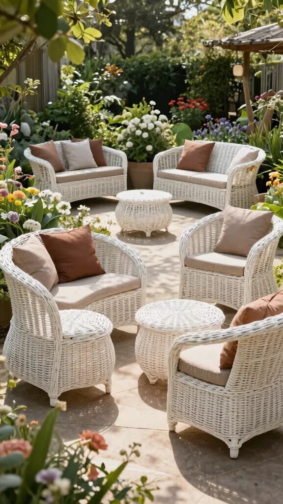 13 Elegant White Wicker Patio Furniture Ideas for Eco-Friendly Gardens - 6. Eco-Friendly Garden Seating 1