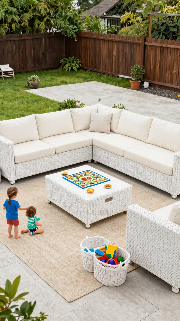 13 Elegant White Wicker Patio Furniture Ideas for Eco-Friendly Gardens - 8. Family-Friendly Setup 1