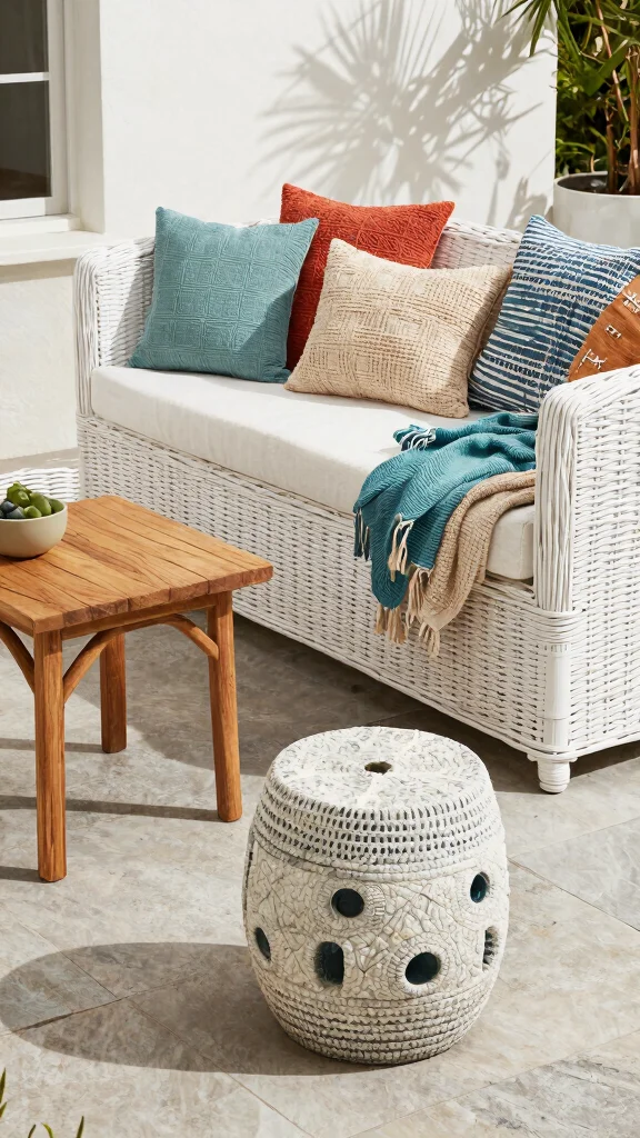 13 Elegant White Wicker Patio Furniture Ideas for Eco-Friendly Gardens - 9. Textured Accent Pieces 1