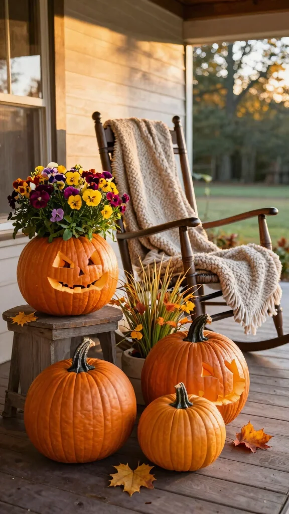 13 Fall Flower Pots Front Porches Ideas - 1. Classic Pumpkin Planters 1