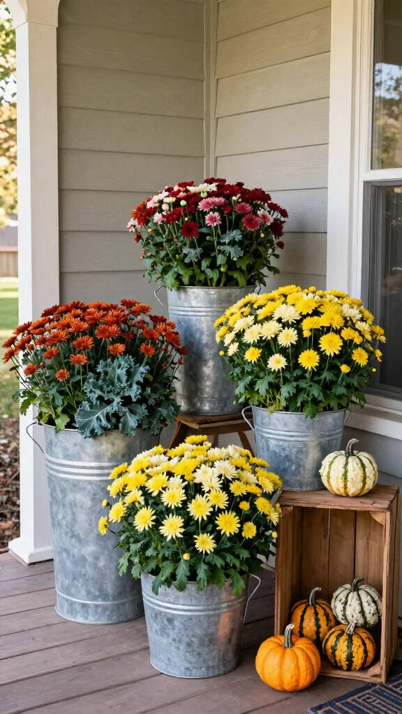 13 Fall Flower Pots Front Porches Ideas - 2. Rustic Metal Tubs 1