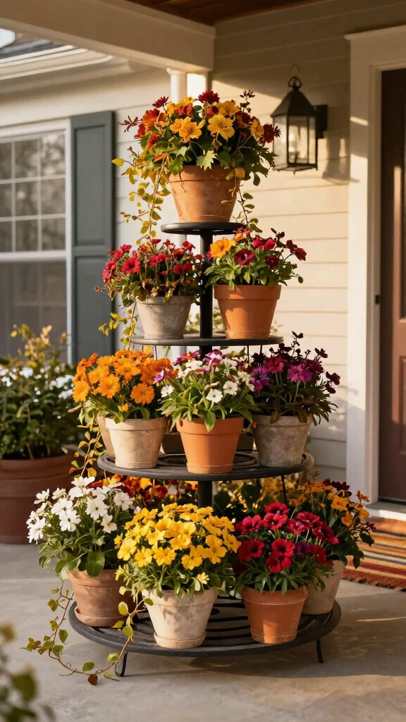13 Fall Flower Pots Front Porches Ideas - 3. Tiered Plant Stands 1