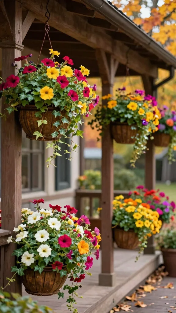 13 Fall Flower Pots Front Porches Ideas - 4. Hanging Basket Displays 1