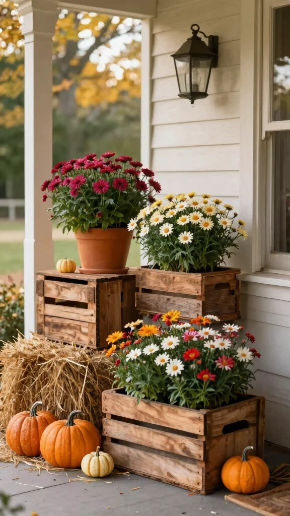 13 Fall Flower Pots Front Porches Ideas - 5. Vintage Wooden Crates 1