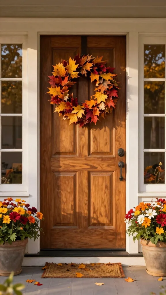13 Fall Flower Pots Front Porches Ideas - 8. Seasonal Wreaths with Flower Pots 1