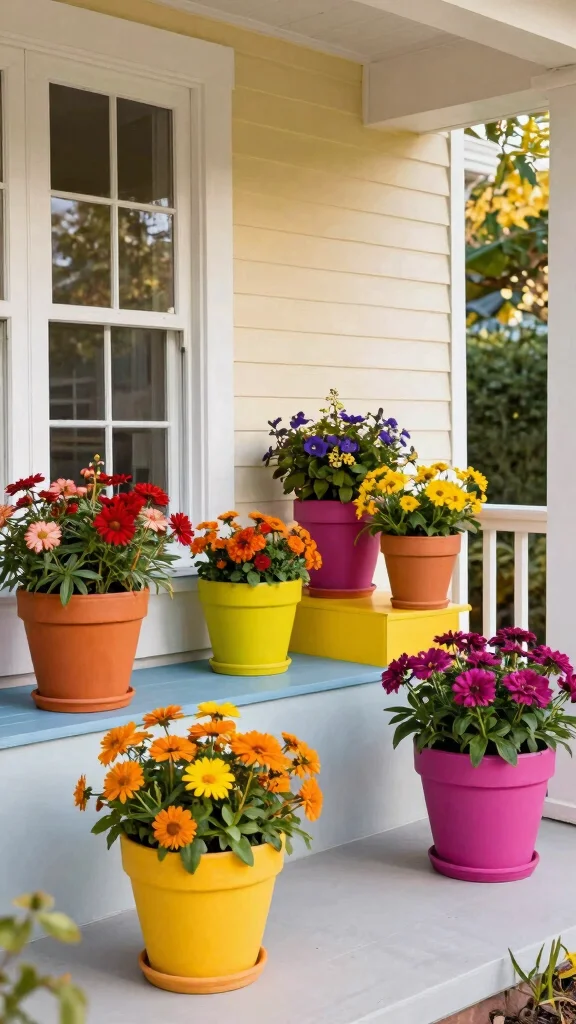 13 Fall Flower Pots Front Porches Ideas - 9. Color-Blocked Pots 1
