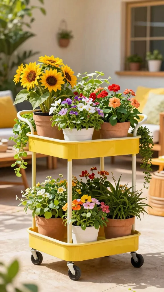 13 Garden Plant Stand Ideas: Outdoor Focal Points for Small Spaces - 12. Mobile Plant Carts 1