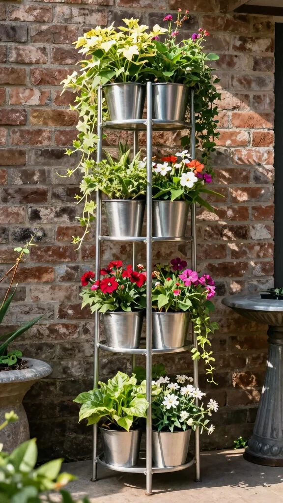 13 Garden Plant Stand Ideas: Outdoor Focal Points for Small Spaces - 2. Vertical Metal Racks 1