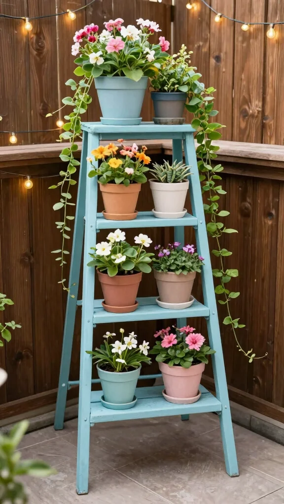 13 Garden Plant Stand Ideas: Outdoor Focal Points for Small Spaces - 3. Ladder Plant Stand 1
