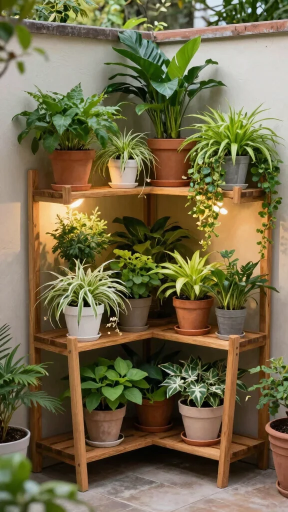 13 Garden Plant Stand Ideas: Outdoor Focal Points for Small Spaces - 5. Corner Plant Stand 1