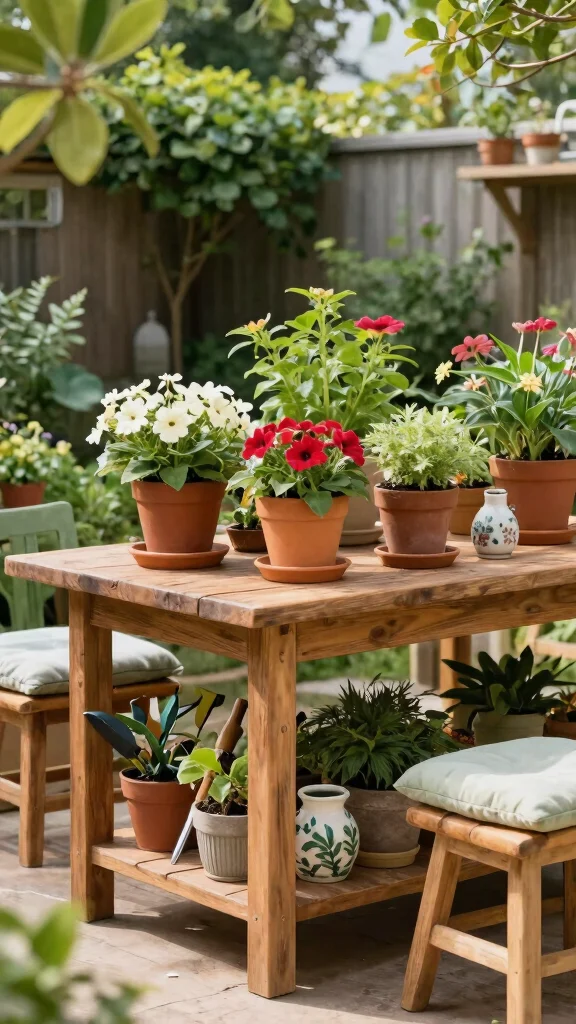 13 Garden Plant Stand Ideas: Outdoor Focal Points for Small Spaces - 6. Multi-Purpose Plant Tables 1
