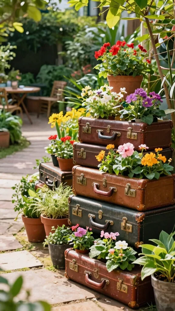 13 Garden Plant Stand Ideas: Outdoor Focal Points for Small Spaces - 8. Vintage Suitcase Planters 1