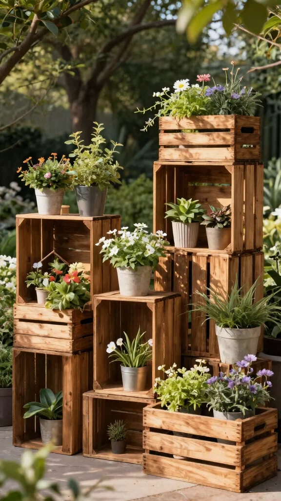 13 Garden Plant Stand Ideas: Outdoor Focal Points for Small Spaces - 9. Repurposed Crates as Plant Stands 1
