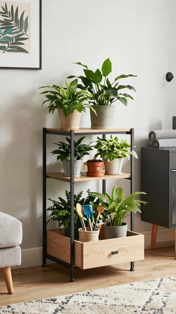 13 Large Plant Stand Ideas: Statement Pieces for Small Spaces - 11. Plant Stand with Built-in Storage 1